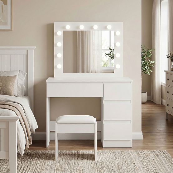 Kozmetický toaletný stolík so zrkadlom a LED osvetlením 4 zásuvky taburet ModernHome