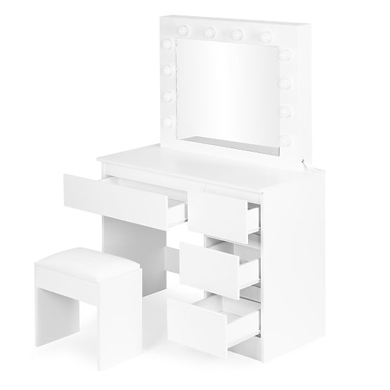 Kozmetický toaletný stolík so zrkadlom a LED osvetlením 4 zásuvky taburet ModernHome