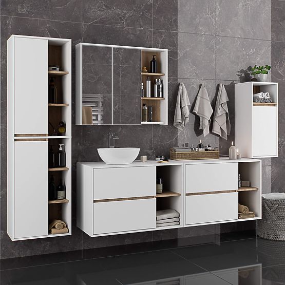 KÚPEĽŇOVÁ SKRINKA POD UMÝVADLO S OTVORMI VAMI W90 UM 2SZ 2P BIELA / DUB SONOMA
