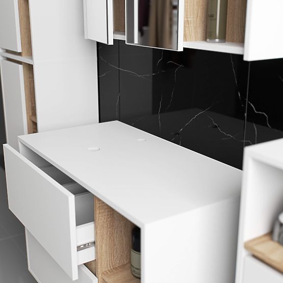 KÚPEĽŇOVÁ SKRINKA POD UMÝVADLO S OTVORMI VAMI W90 UM 2SZ 2P BIELA / DUB SONOMA