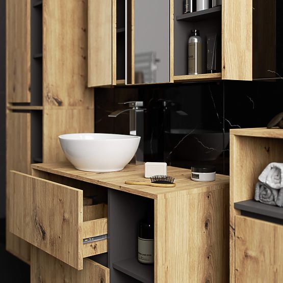 KÚPEĽŇOVÁ SKRINKA POD UMÝVADLO S OTVORMI VAMI W90 UM 2SZ 2P DUB ARTISAN / GRAFITOVÁ SIVÁ