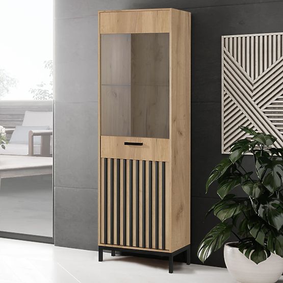 LAMINO W-1 vitrína dub craft/čierna, nohy: čierna