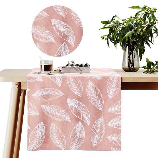 Obrus CALM farba púdrovo ružová tlačený rastlinný motív klasický štýl 40x140 ameliahome