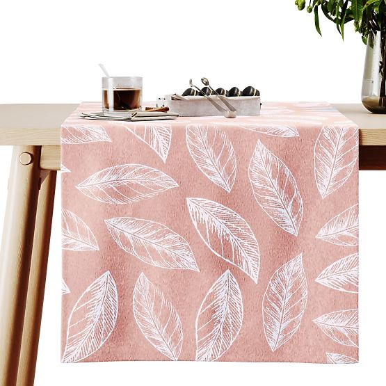 Obrus CALM farba púdrovo ružová tlačený rastlinný motív klasický štýl 40x140 ameliahome