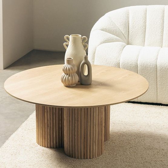 Okrúhly konferenčný stolík Vesby 100 cm, prírodný dub, jaseň, lamely
