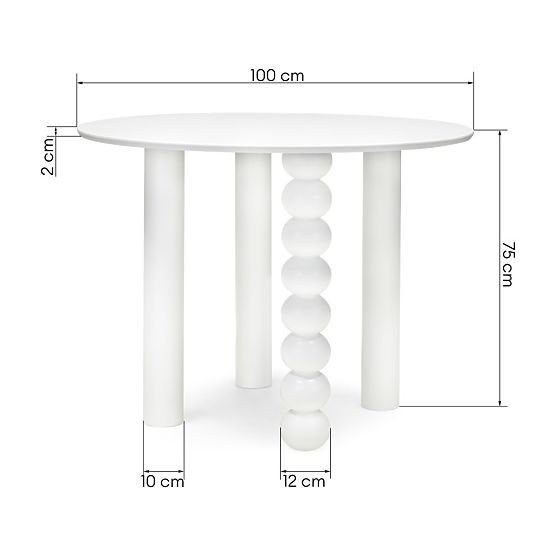 Okrúhly stôl Bolla 100 cm, buková dyha, biely, dekoratívna noha s guľami