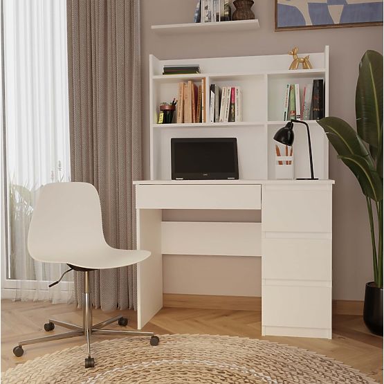 Písací stôl MIJAS Pravý s Nástavcom Biely Mat 4 Zásuvky 4 Poličky Do Kancelárie Izby