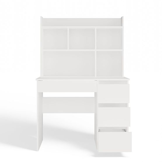 Písací stôl MIJAS Pravý s Nástavcom Biely Mat 4 Zásuvky 4 Poličky Do Kancelárie Izby