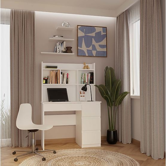 Písací stôl MIJAS Pravý s Nástavcom Biely Mat 4 Zásuvky 4 Poličky Do Kancelárie Izby