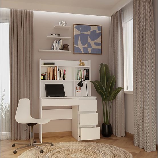 Písací stôl MIJAS Pravý s Nástavcom Biely Mat 4 Zásuvky 4 Poličky Do Kancelárie Izby