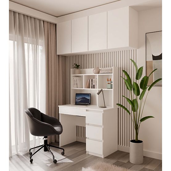 Písací stôl MIJAS Pravý s Nástavcom Biely Mat 4 Zásuvky 4 Poličky Do Kancelárie Izby