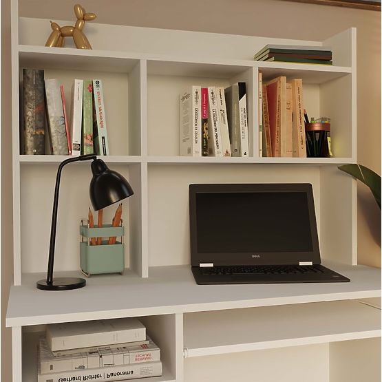 Písací stôl PORTO Pravý s nadstavcom Biely Mat Zásuvka Polica do Kancelárie Izby