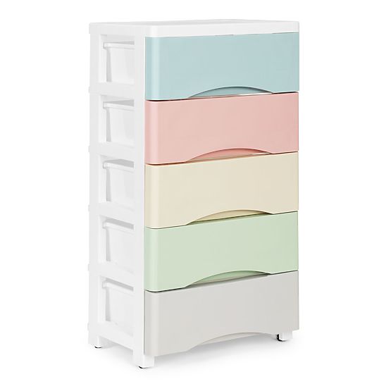 Regál s 5 výsuvnými zásuvkami, nohy s kolieskami, farebné zásuvky ModernHome