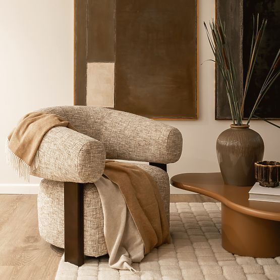 Relaxačné kreslo Maribel béžovošedé/orech, oblý tvar