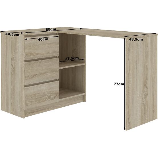 ROHOVÝ PÍSACÍ STÔL B16 124 cm ĽAVÝ 3 ZÁSUVKY DUB SONOMA / BIELA