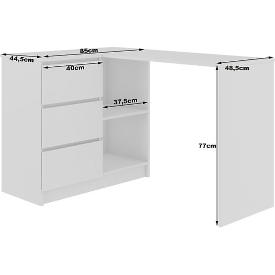 ROHOVÝ PÍSACÍ STÔL B16 124 cm ĽAVÝ 3 ZÁSUVKY PK BIELY / BIELY LESK