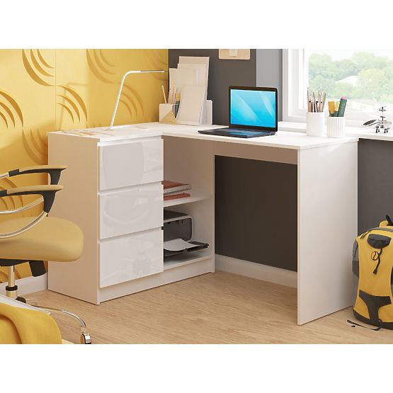 ROHOVÝ PÍSACÍ STÔL B16 124 cm ĽAVÝ 3 ZÁSUVKY PK BIELY / BIELY LESK