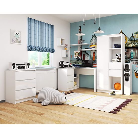 ROHOVÝ PÍSACÍ STÔL B16 124 cm ĽAVÝ 3 ZÁSUVKY PK BIELY / BIELY LESK