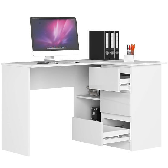 ROHOVÝ PÍSACÍ STÔL B16 124 cm PRAVÝ 3 ZÁSUVKY PK BIELY / BIELY LESK