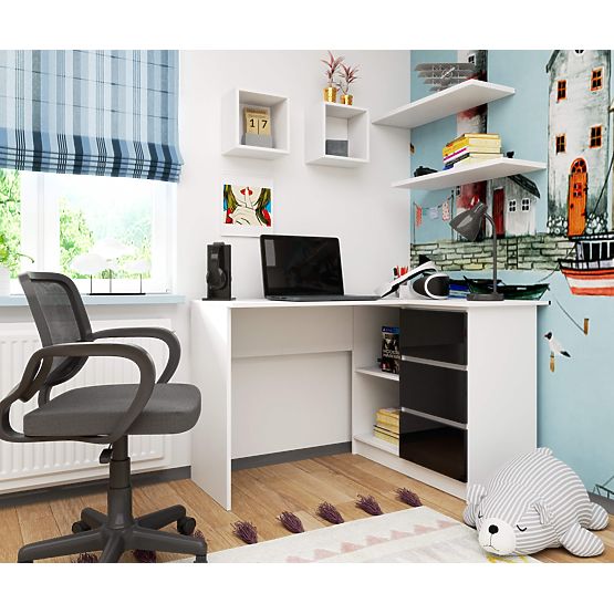 ROHOVÝ PÍSACÍ STÔL B16 124 cm PRAVÝ 3 ZÁSUVKY PK BIELY / ČIERNY LESK