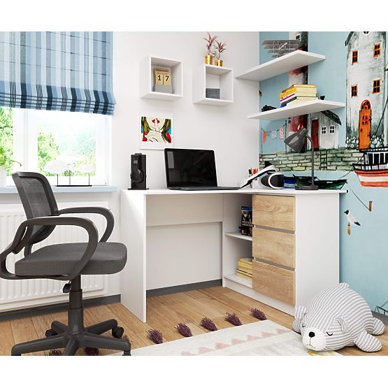 ROHOVÝ STÔL B16 124 cm PRAVÝ 3 ZÁSUVKY PK BIELA / SONOMA