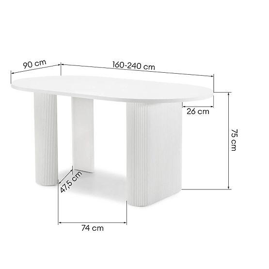 Rozkladací stôl Audrey 160-240 cm, oválny, biely, s drážkovaním, oblé tvary