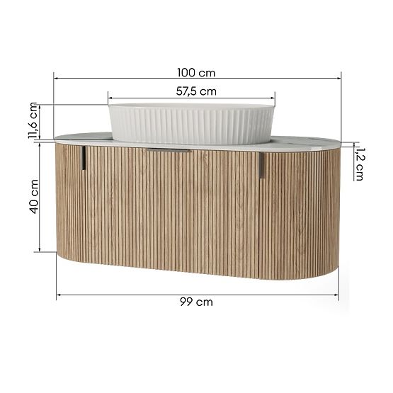 Sada skrinky s doskou a umývadlom La simplicite 100 cm, ryhovaná, zaoblená, Glit White/dub