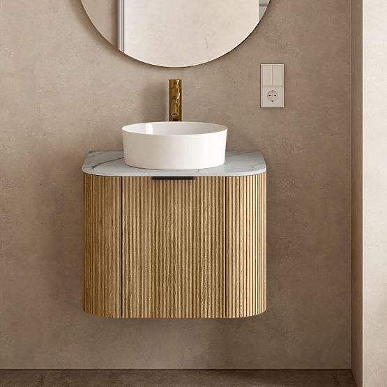 Sada skrinky s doskou a umývadlom Matinale 60 cm, ryhovaná, zaoblená, Glit White/akácia