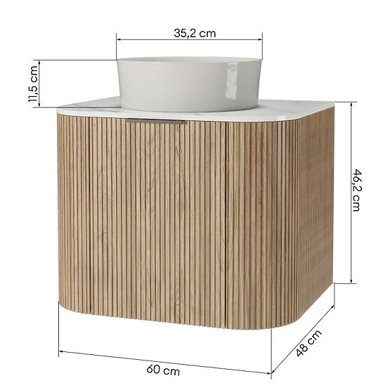 Sada skrinky s doskou a umývadlom Matinale 60 cm, ryhovaná, zaoblená, Glit White/akácia