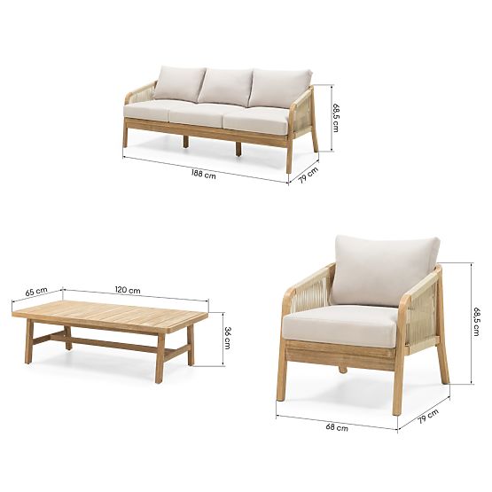 Sada záhradného nábytku Castello, pletenina, akáciové drevo FSC, teakový vzhľad, béžová