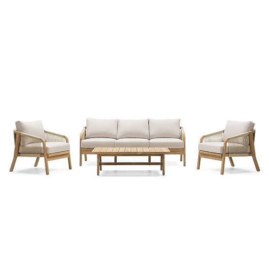 Sada záhradného nábytku Castello, pletenina, akáciové drevo FSC, teakový vzhľad, béžová