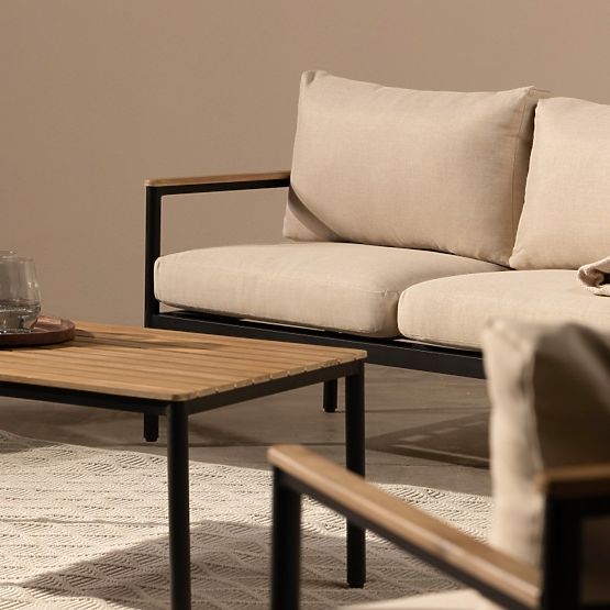 Sada záhradného nábytku Porticello, hliníková, akáciové drevo FSC, teakový vzhľad, béžová/čierna