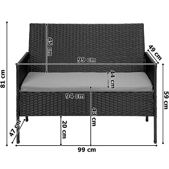 Sada záhradného nábytku z technoratanu MAGNOLIA čierna so sivými vankúšmi