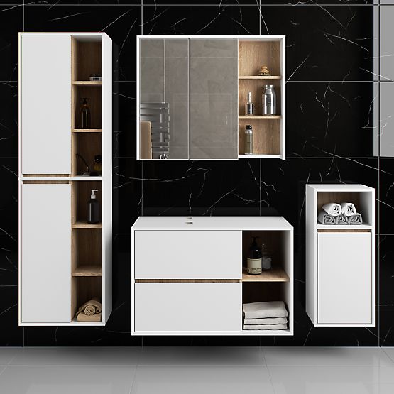 SADA ZÁVESNÉHO KÚPEĽŇOVÉHO NÁBYTKU S OTVORMI VAMI BIELA / DUB SONOMA