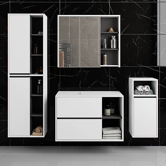 SADA ZÁVESNÉHO KÚPEĽŇOVÉHO NÁBYTKU S OTVORMI VAMI BIELA / GRAFITOVÁ SIVÁ