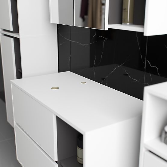 SADA ZÁVESNÉHO KÚPEĽŇOVÉHO NÁBYTKU S OTVORMI VAMI BIELA / GRAFITOVÁ SIVÁ