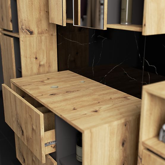 SADA ZÁVESNÉHO KÚPEĽŇOVÉHO NÁBYTKU S OTVORMI VAMI DUB ARTISAN / GRAFIT ŠEDÝ