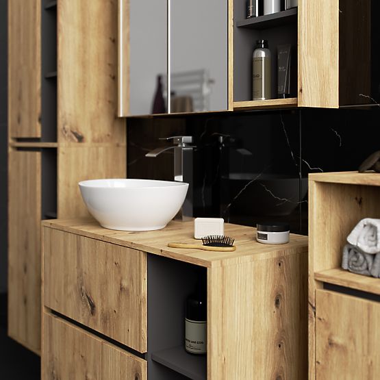 SADA ZÁVESNÉHO KÚPEĽŇOVÉHO NÁBYTKU S OTVORMI VAMI DUB ARTISAN / GRAFIT ŠEDÝ