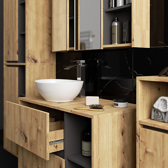 SADA ZÁVESNÉHO KÚPEĽŇOVÉHO NÁBYTKU S OTVORMI VAMI DUB ARTISAN / GRAFIT ŠEDÝ