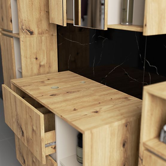 SADA ZÁVESNÉHO KÚPEĽŇOVÉHO NÁBYTKU S OTVORMI VAMI DUB ARTISAN / KAŠMÍR