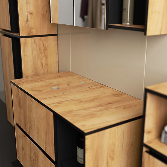 SADA ZÁVESNÉHO KÚPEĽŇOVÉHO NÁBYTKU S OTVORMI VAMI DUB CRAFT / ČIERNA