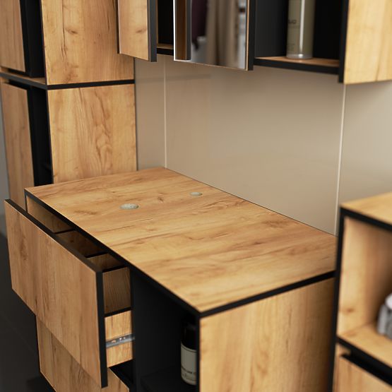 SADA ZÁVESNÉHO KÚPEĽŇOVÉHO NÁBYTKU S OTVORMI VAMI DUB CRAFT / ČIERNA