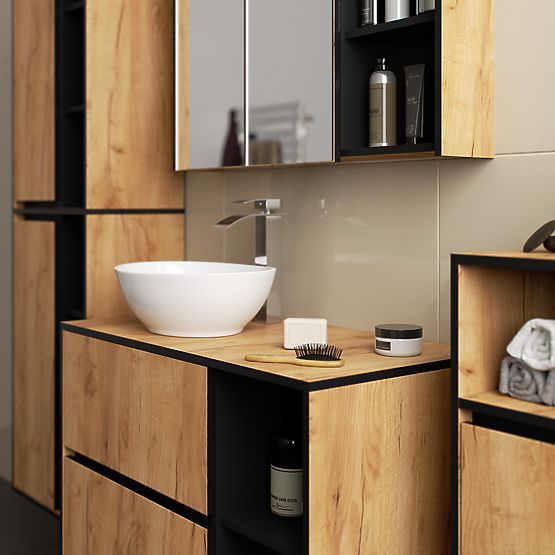 SADA ZÁVESNÉHO KÚPEĽŇOVÉHO NÁBYTKU S OTVORMI VAMI DUB CRAFT / ČIERNA