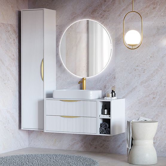 Skrinka pod umývadlo na dosku Avila 2.0, 80 cm, drážkovaná, zlaté úchyty, biela