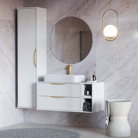 Skrinka pod umývadlo na dosku Avila 2.0, 80 cm, drážkovaná, zlaté úchyty, biela