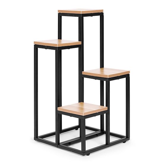 Stojan na kvety regál na kvety dekorácia 4 police kov MDF svetlý orech ModernHome