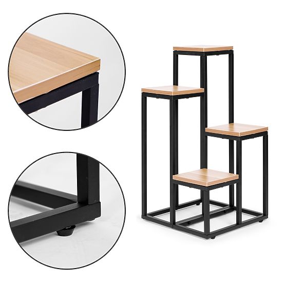 Stojan na kvety regál na kvety dekorácia 4 police kov MDF svetlý orech ModernHome