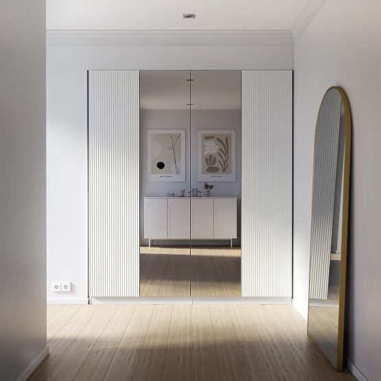 Štvordverová skriňa Neroli, jednoduché drážky/zrkadlo, biela