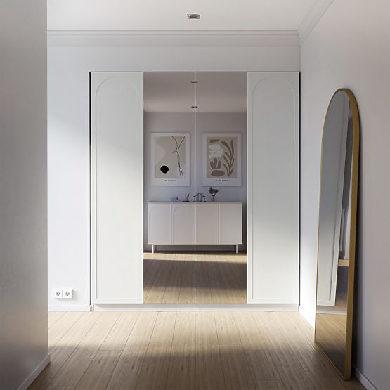 Štvordverová skriňa Neroli, oblúk/zrkadlo, biela