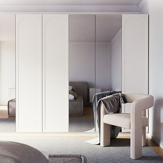 Štvordverová skriňa Neroli, oblúk/zrkadlo, biela